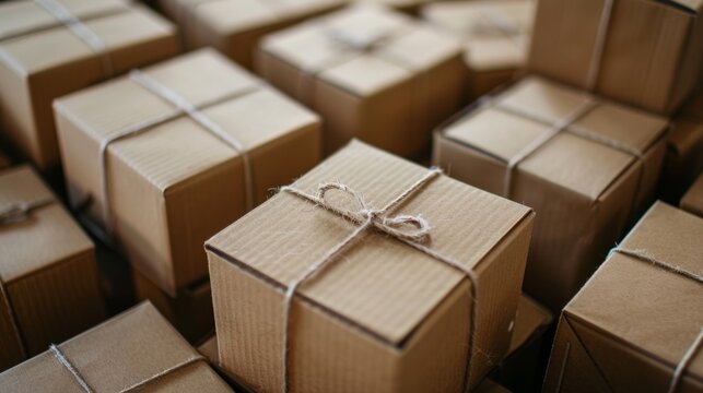 Cardboard boxes tied with string for shipping or storage