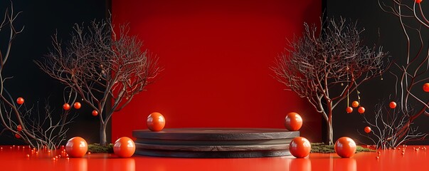 Minimal mockup podium, Chinese New Year scene, red and black, two barren trees, orange balls at front, realistic photo render.