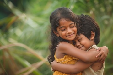 Naklejka premium Indian sibling kids hugging and laugh person child love.