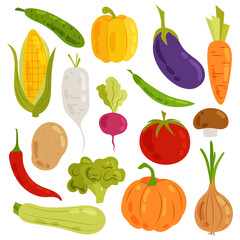Healthy food. Set of different vegetables in flat style. Fresh vegetables on a white background. Illustrations of vegetables in hand drawn style.