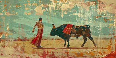 A vintage/retro Spanish bullfighting scene with a bull and matador, vintage/retro style