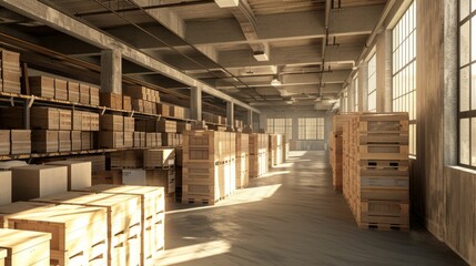 Spacious warehouse interior featuring neatly organized stacks of boxes and crates on industrial shelving units, emphasizing efficient inventory management and organized storage solutions in a modern b