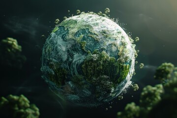A conceptual image of earth with exaggerated tree growth and atmospheric mist against a dark background