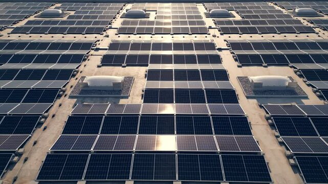 Solar panel array on building roof during sunset aerial view. Sunlit PV modules system on rooftop with no people drone shot moving right. Innovative photovoltaic technology
