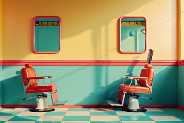 A barbershop with chairs and a mirror