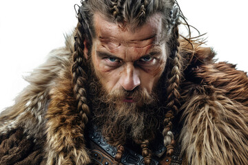 Legendary Viking with fur cloak and intense stare, isolated on white