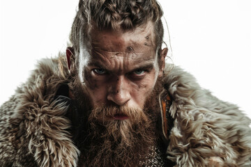 Legendary Viking with fur cloak and intense stare, isolated on white