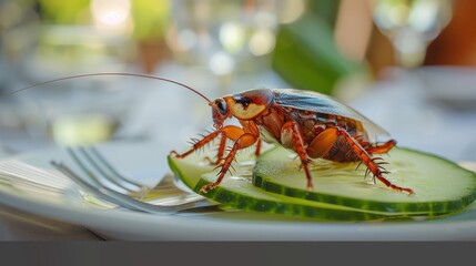A roach carefree feasting on delectable cuisines in a restaurant, instantly triggers hygienic concerns, highlighting an impending health menace.