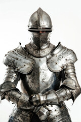 Fototapeta premium Heroic knight with a determined gaze in shining armor, isolated on white