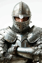 Heroic knight with a determined gaze in shining armor, isolated on white