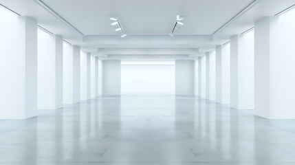A modern art gallery with white walls, spotlights on abstract paintings, and a polished concrete floor, Minimalist, High resolution, Sophisticated and clean environment