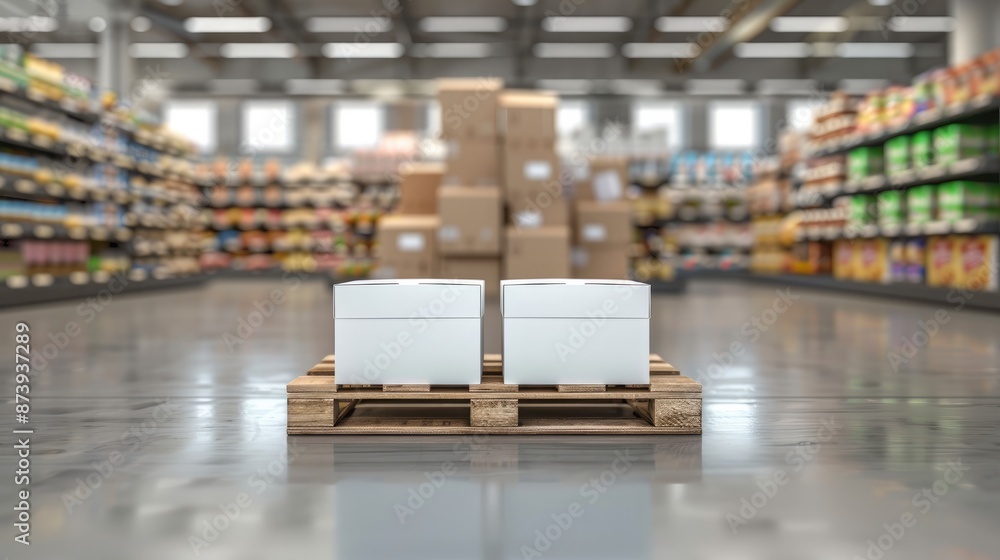 Poster two white empty boxes on wooden pallet isolated on white background, mockup design template concept 