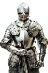 Heroic knight with a determined gaze in shining armor, isolated on white