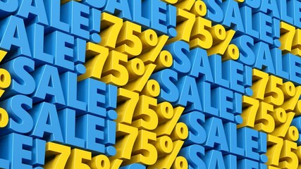 Discount sale 75% off yellow and blue sign. 10% to 90% sale promotion for advertising, special offer, mega sale, hot deal, cyber week, black friday flash and flat sale. 
