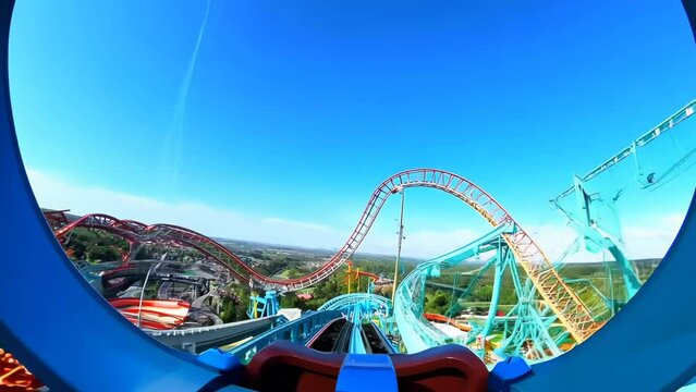 First-person perspective of a rollercoaster ride. Bright blue sky, distant mountains. Curved track ahead, vibrant yellow safety bar. Adrenaline-pumping excitement of theme park adventure.	