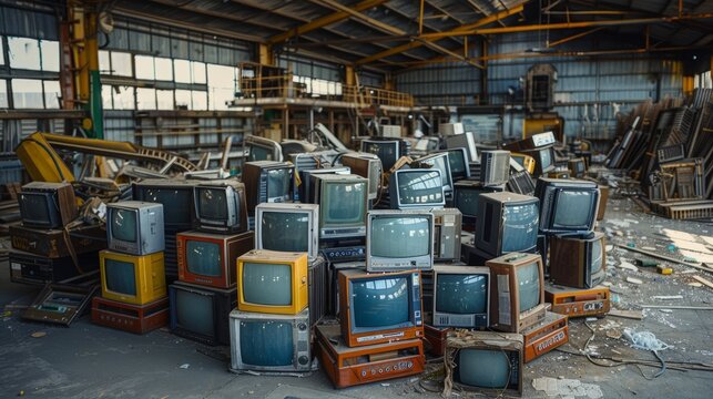 The sight of retro televisions stacked high in a warehouse is a stark reminder of the unceasing progress of technology, destined for disposal.
