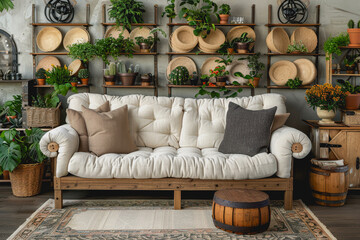 Contemporary living space with blank artwork, plants, wooden table, gentle light