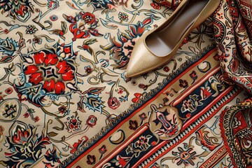 A pair of high heels with a diamond-studded toe sits on a carpet