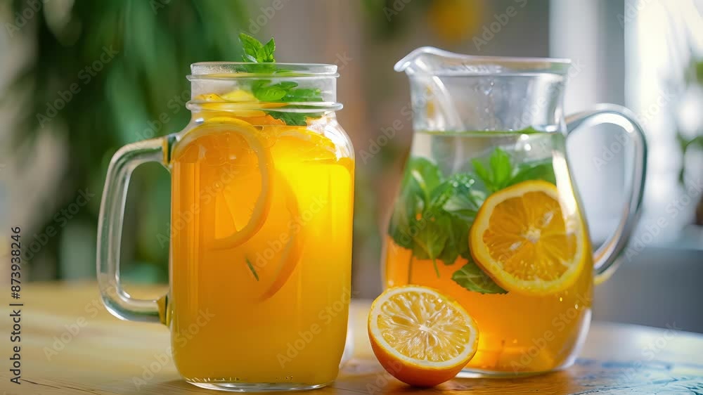 Poster a mason jar filled with orange juice sits next to a pitcher of iced tea on the table with slices of 