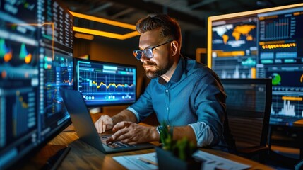 Fototapeta premium Successful Corporate Executive Reviewing Financial Analytics on Digital Devices in Sophisticated Office
