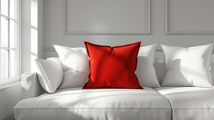 Red pillow on a white sofa in a modern minimalist living room.