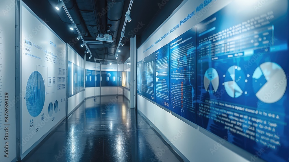 Aufkleber pictures and text on the wall, blue text on a white background, a timeline running through it, and c