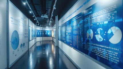 Pictures and text on the wall, blue text on a white background, a timeline running through it, and circular charts up and down. Generative AI.