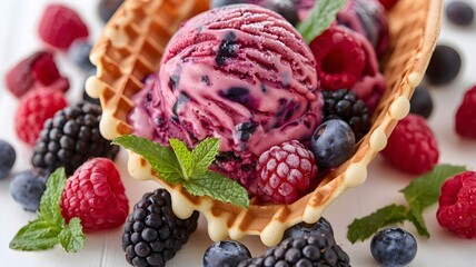 Vibrant Mixed Berry Ice Cream Scooped into Waffle Cone with Fresh Berries and Mint Accents