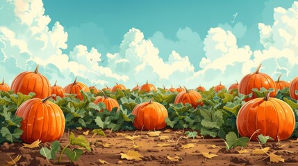 illustration of a pumpkin patch with vibrant orange pumpkins ready for harvest, conveying the arrival of autumn in a unique banner design