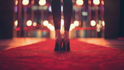 Fototapeta premium Woman in high heels walking on a red carpet with blurred lights in the background 
