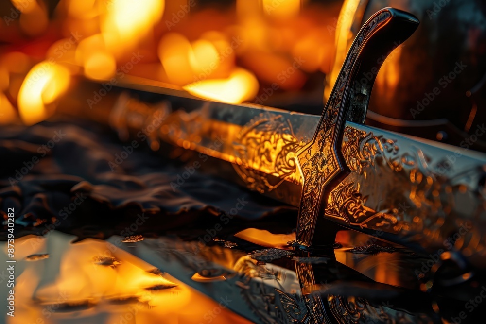 Poster a sword is shown in a reflection on a table