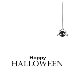 Happy Halloween poster with cute hanging spider, holiday lettering. Vector illustration. Template for party banner, invitation, greeting card and celebration announce