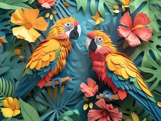 Fototapeta premium Paper cut birds in a tropical aviary zoo.