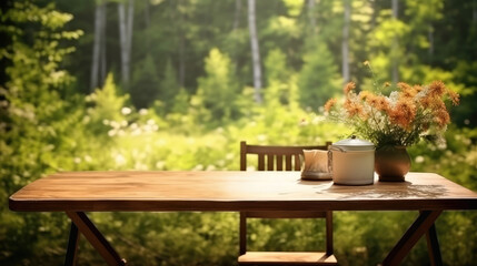 Fototapeta premium Rustic blank wooden table set against a sunlit, blurred forest backdrop, generative ai