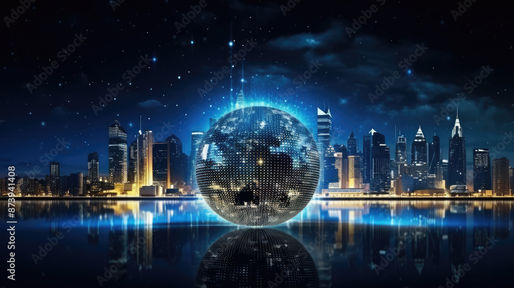 Wall mural globe with glowing dots and lines on night city background 3d., generative ai