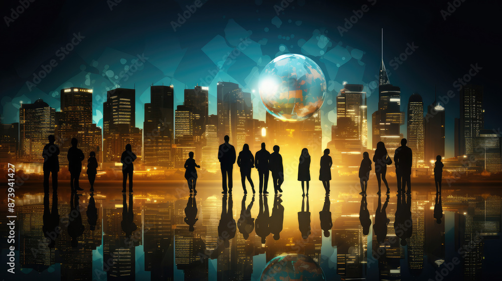 Poster abstract image of people silhouettes and globe on the background of the city., generative ai