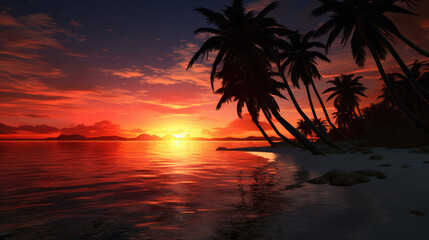 Obraz premium palm trees in the beach at the sunset, generative ai