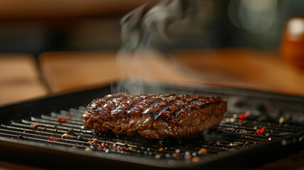 Grilled steak searing on a hot grill with smoke rising.