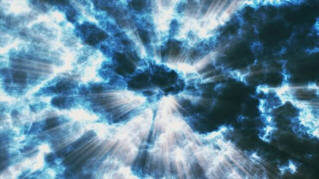 Sun rays beams animation, motion abstract background with sky blue pattern on dark blue background.