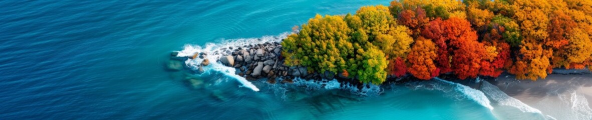 Naklejka premium aerial view of colorful autumn trees on a rocky coastline with blue ocean waves.
