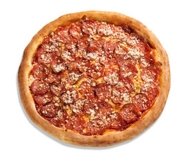 Delicious  freshly baked pepperoni pizza with melted cheese on top. The pizza is in focus and has a golden brown crust with a crisp edge.