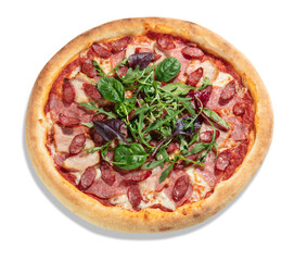 Delicious meat pizza with pelati sauce, mozzarella cheese topped with salami, smoked chicken, ham and hunting sausages garnished with mix of fresh herbs, isolated on white. Italian cuisine