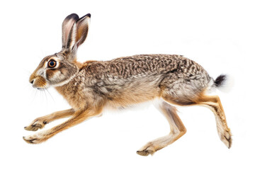 Obraz premium A hare mid-bound, ears back, isolated on a white background
