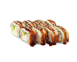 Delicious Philadelphia eel sushi roll filled with soft cream cheese, shrimp and avocado drizzled with sweetish tangy unagi sauce and sesame, isolated on white background. Popular Japanese dish