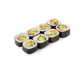 Traditional Japanese thick rolled sushi futomaki with filling of eel, avocado, tobiko roe and lettuce, displayed isolated on white background. Authentic cuisine 
