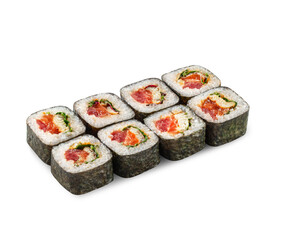 Eight pieces of sushi rolls with salmon, cucumber, and avocado are arranged in a row on a white background. The rolls are wrapped in nori seaweed and each one is cut into equal-sized portions.