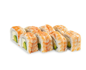 Freshly made and look delicious sushi,shrimp,rolls,white,sauce and cream cheese, are arranged on a white background. Japanese comfort food