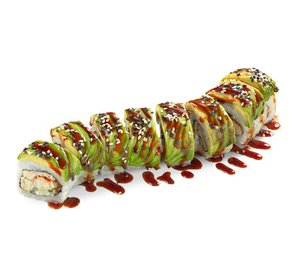 Green dragon rolls with eel, avocado, unagi sauce and sesame