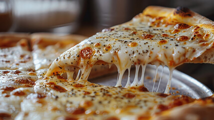Close-up of a cheesy pizza slice being pulled from a whole pizza.