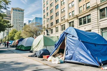 Dirty homeless tent camp on city sidewalk. Social problem people poverty